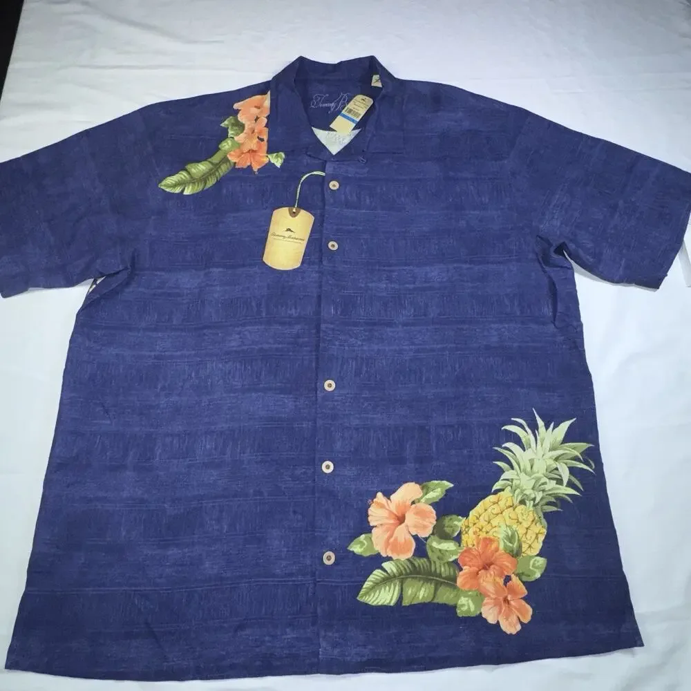 Tommy Bahama Camp Shirt Men’s XL Blue Pineapple Pin-ups SS